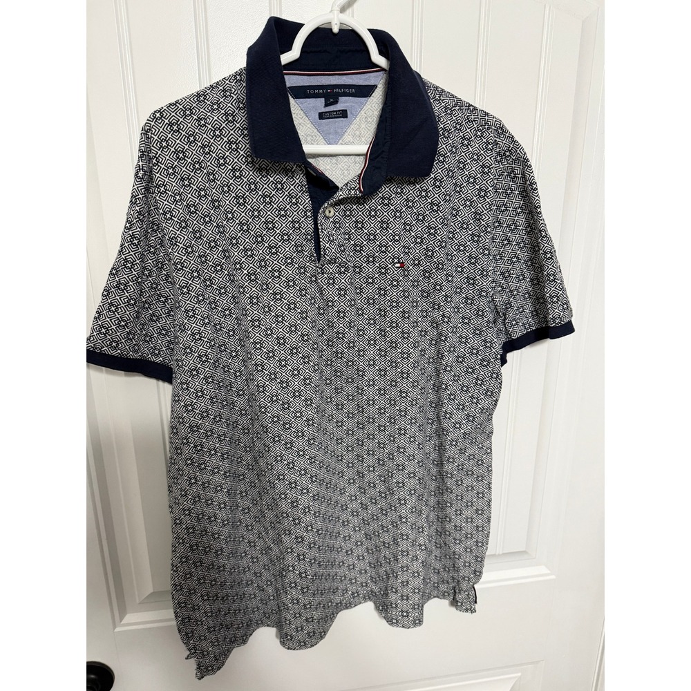 Tommy Hilfiger Polo Shirt Mens XL Custom Fit Geometric Diamond Navy EUC